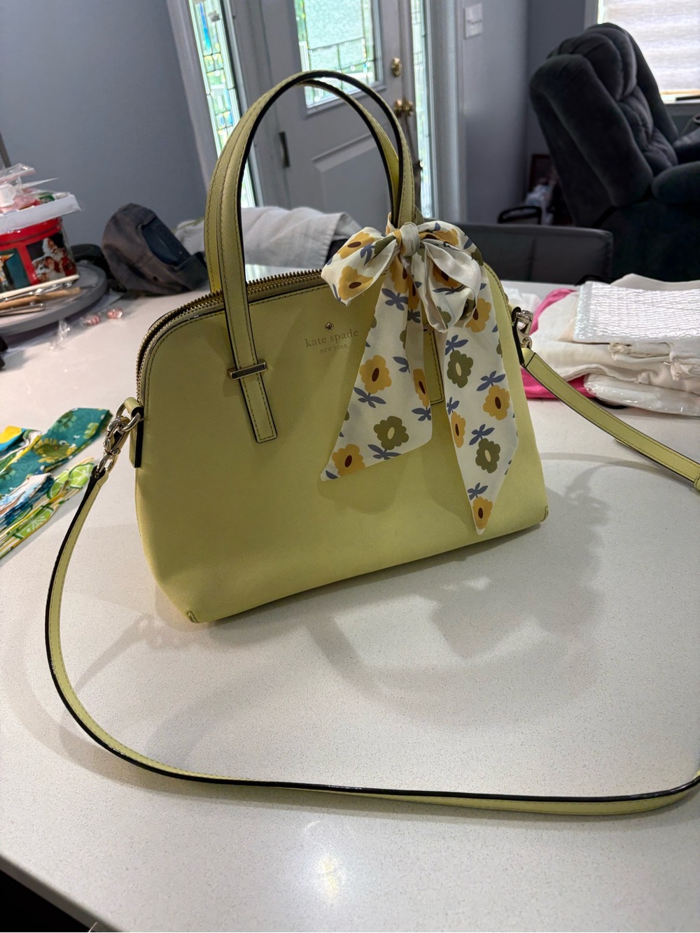 kate spade Lemon Yellow Dome Satchel with Floral Scarf Accent EUC